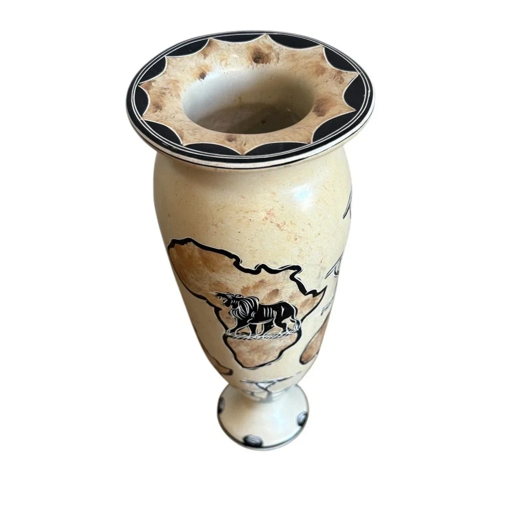 African Soapstone Vase HandCarved Safari Wildlife Lion Elephant Rhino Cream 9.5